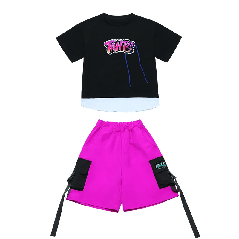 Kids Kpop Hip Hop Clothing Fake-two-piece Tops Streetwear Rose Red Pants for Girl Boy Jazz Dance Costume Clothes