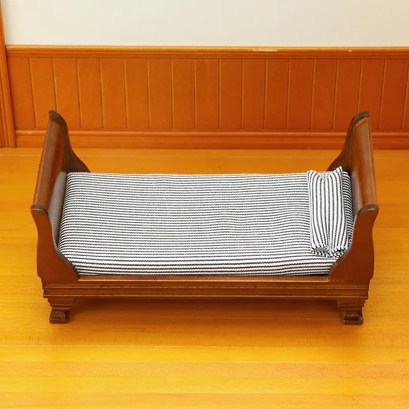1:12 Dollhouse Vintage Brown Striped Single Bed, Miniature Retro Bedroom Furniture Model, Dollhouse Scene Decor Prop