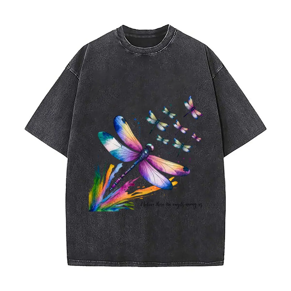 I Believe There Are Angels Among Us Watercolor Dragonflies 2026 Washed Vintage Short Sleeve Loose Streetwear Tee