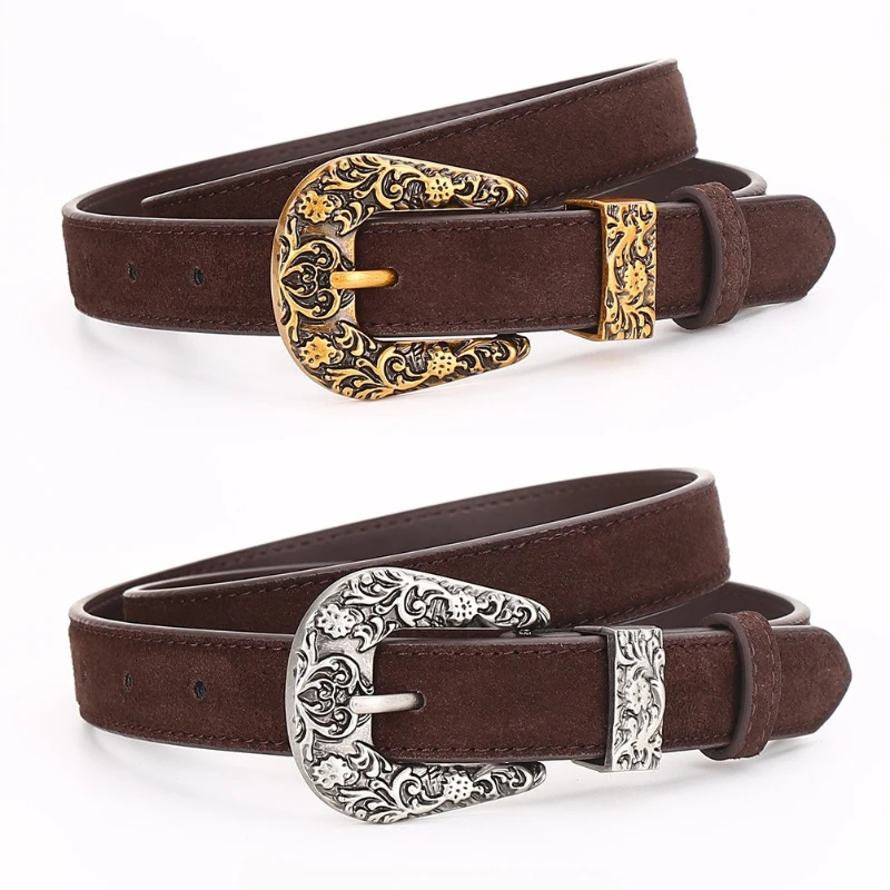高級スエード牛革ベルト女性ヴィンテージ彫刻針バックルゴールドバックル幅-24-センチメートルウエストバンドドレス-ジーンズ