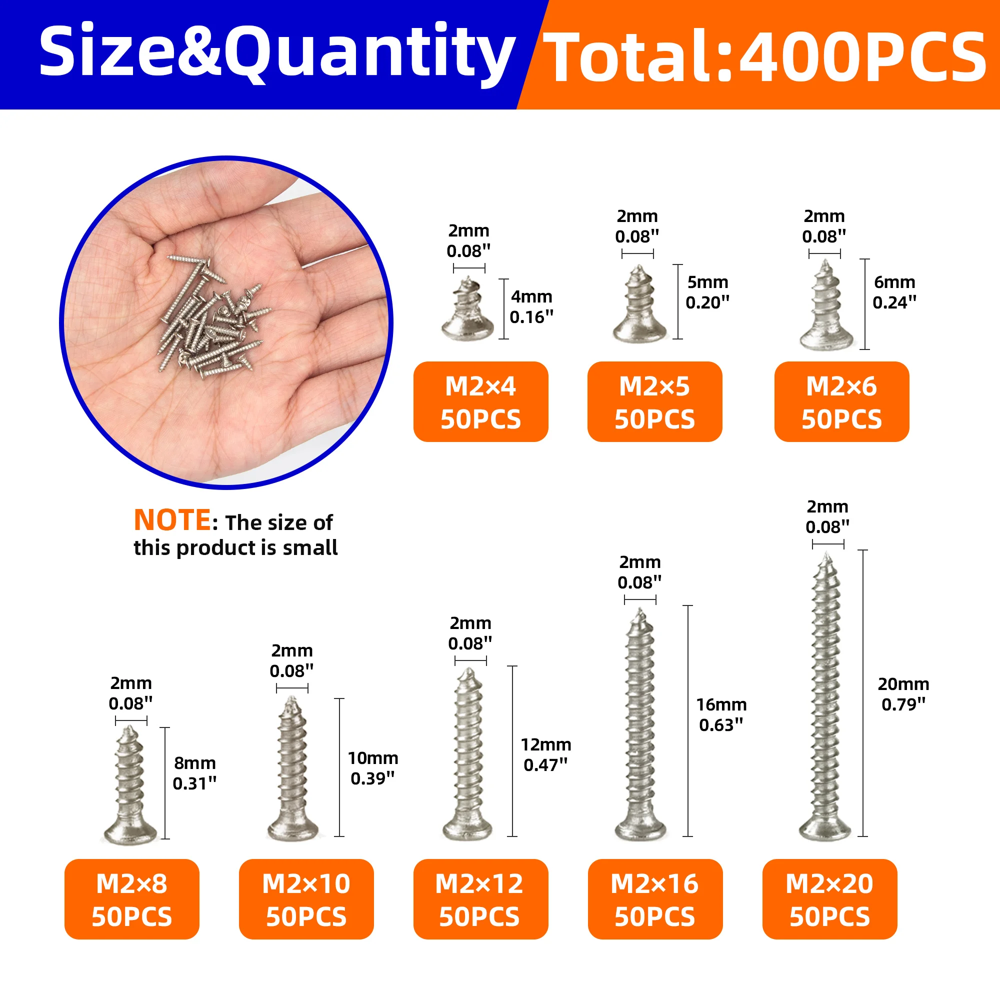 400pcs M2 Self Tapping Screw Assortment Kit Tapping Screw Assortment Kit Lock Nut Wood Thread Nail Screw Sets