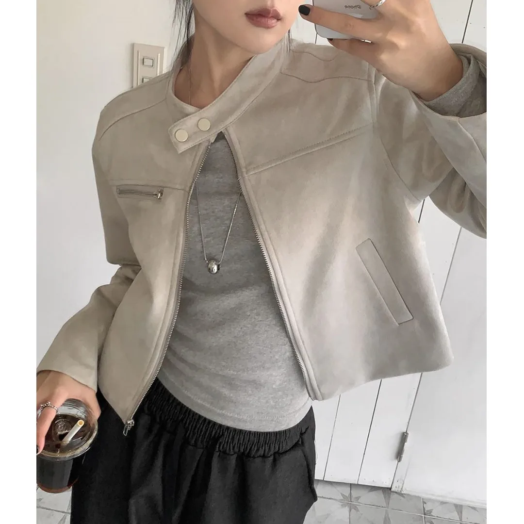 Or Biker Jaet da donna autunno inizio stagione versatile semplice eleganza colletto alla coreana vita alta ular top in pelle scamosciata