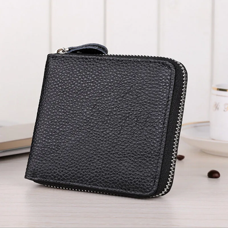 Genuine Leather Men's Short Wallet Retro Casual Crazy Horse Leather Wallet Black Zipper Change Card Bag