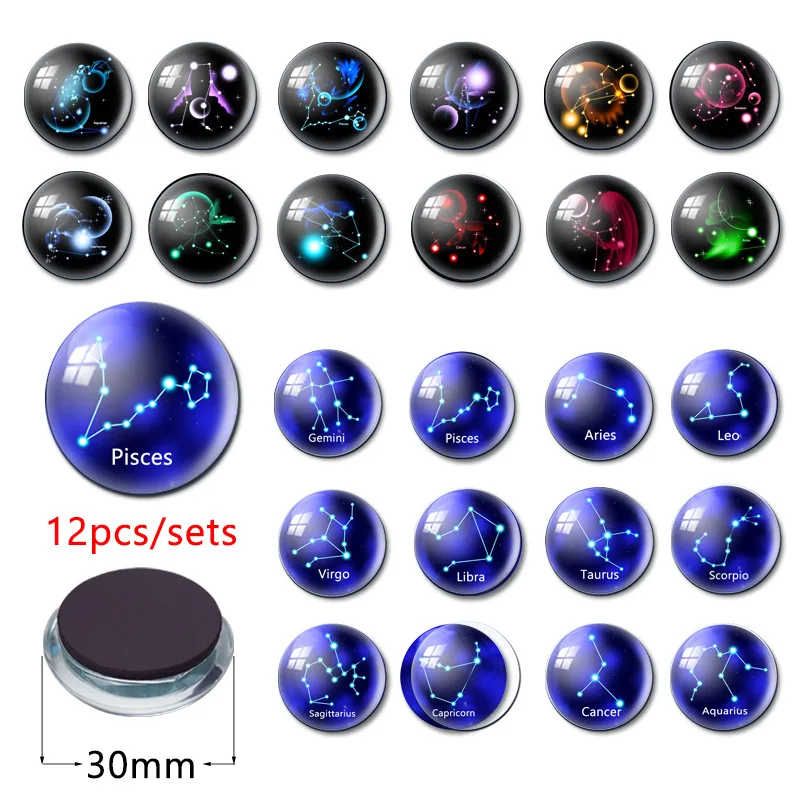 12PCS/SET Round Crystal Glass Constellation Pattern Fridge Magnet Refrigerator Sticker Home Decorations Gift