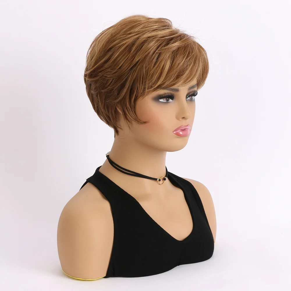 Short Curly Wigs for Woman Synthetic Brown Mixed Golden Yellow Hair Fluffy Fashion Party Daily Use Heat Resistant Wigs