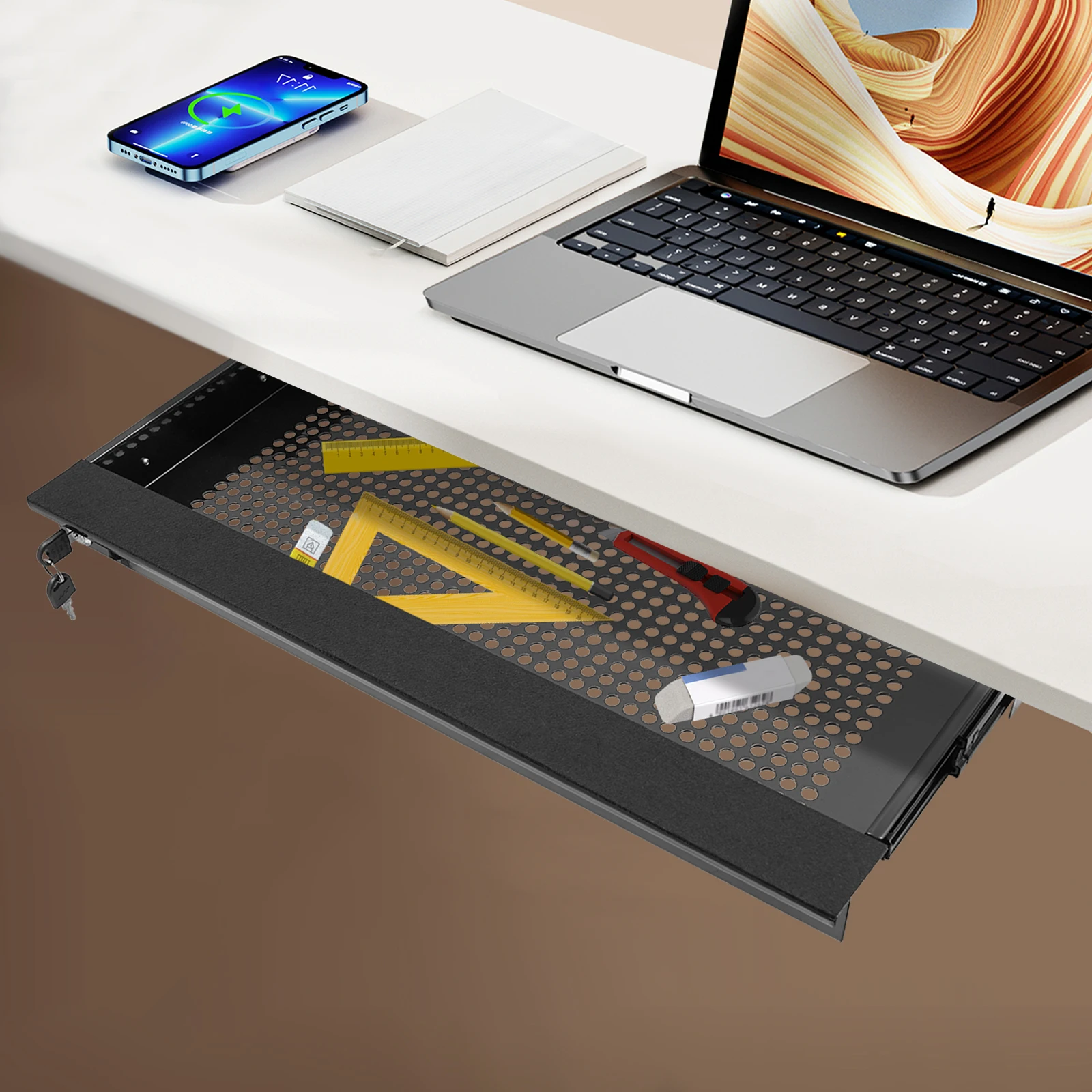 

Under Desk Mounted Sliding Pull-out Drawer, Drawer Storage Organizer for Standing Desks, Pull-out Drawer