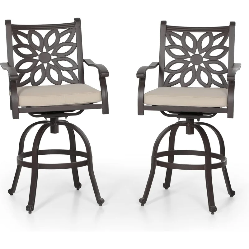 

2-Piece Outdoor Swivel Bar Stools – Cast Aluminum High Pub Height Patio Chairs with Cushion