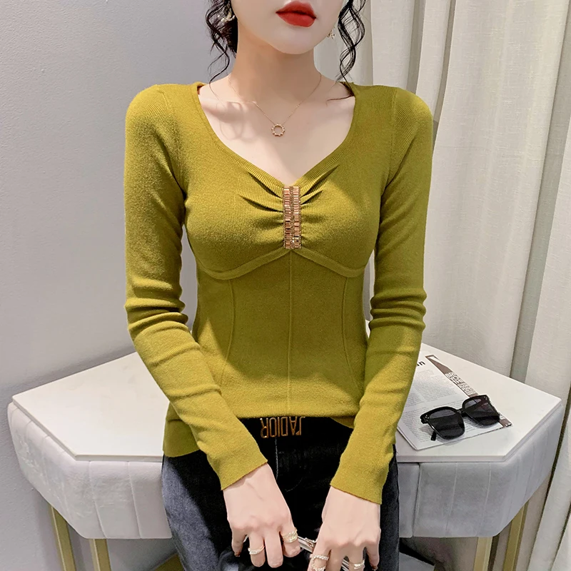 MadBlack European Clothes Sweater Women V Necks Rhinestone Slim Knit Top Long Sleeve Elastic Tshirts Autumn Spring T38061JM