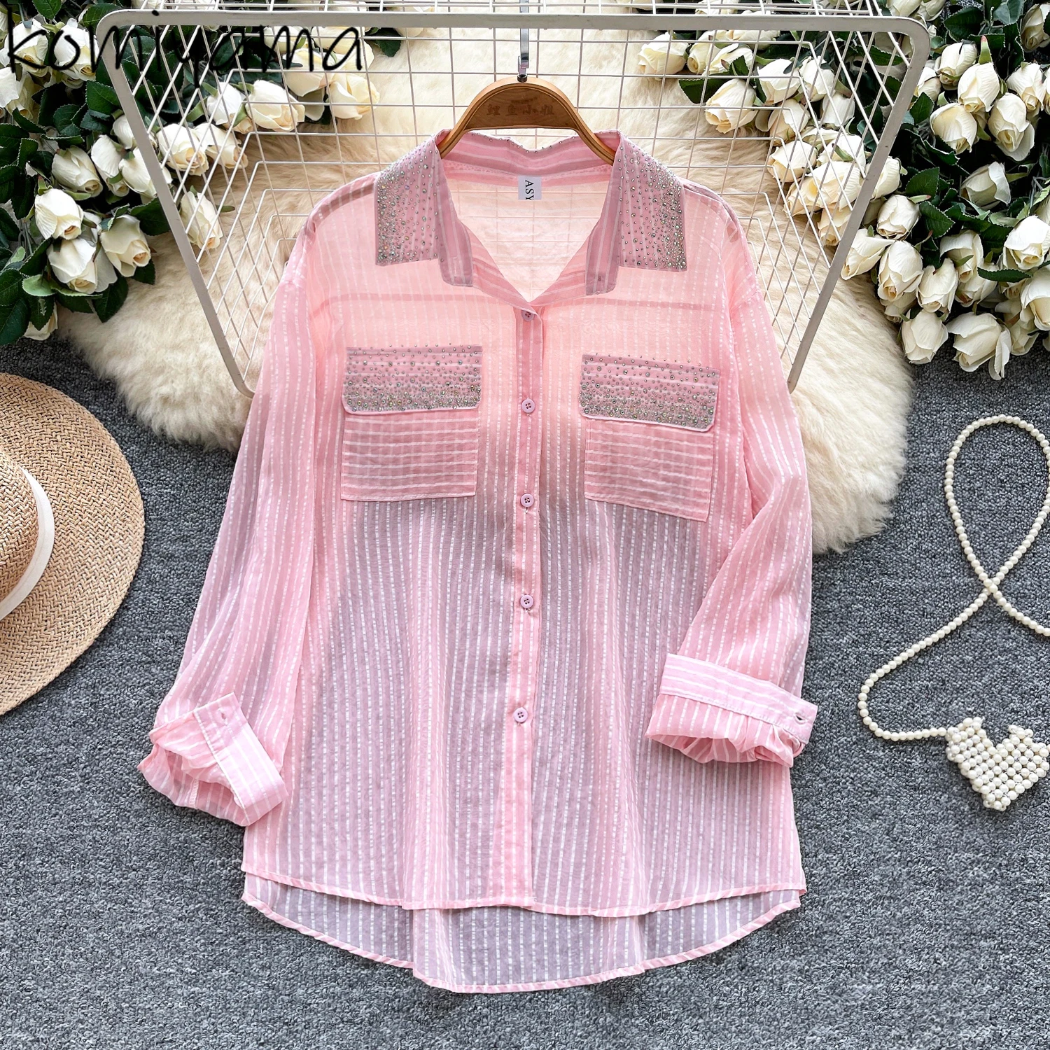 

Diamonds Mesh 2025 Shirts Blouses Long Sleeve Ropa Mujer Casual Blusas Korean Camisas Woman Clothing