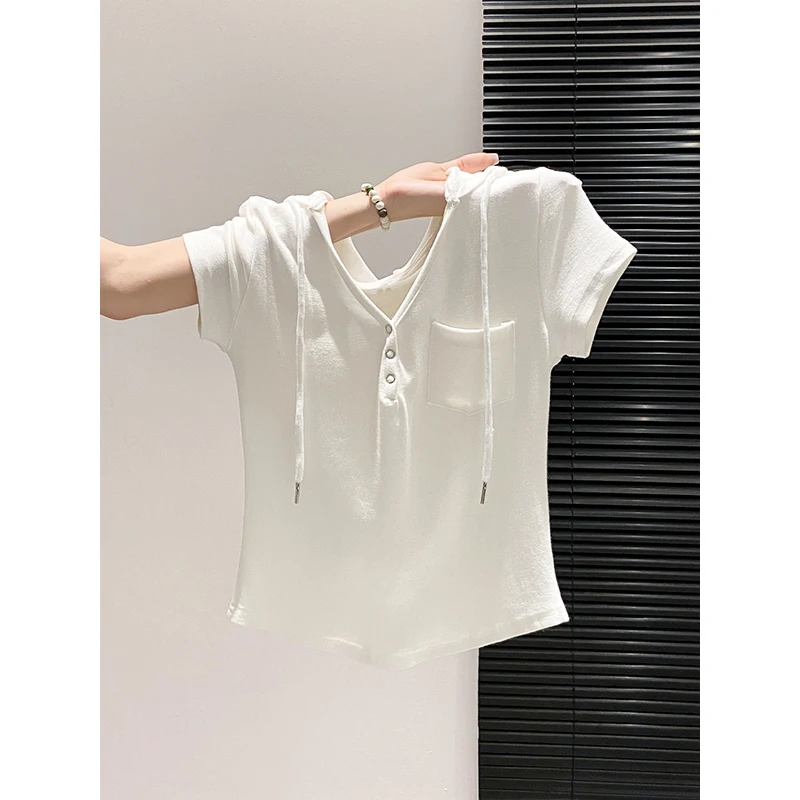 White Hooded V-neck Short-sleeved T-shirt for Women, 2026 Summer New Style, Slim-fitting, Regular Shoulder Design, Niche Top