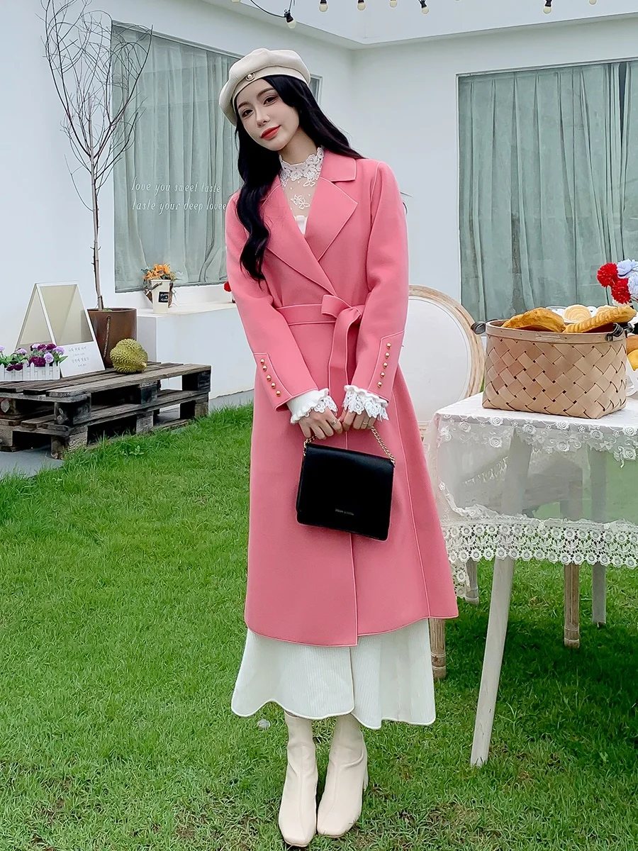 

Pink Slim Fit Double Face Camere Coat Women's mid Length 2024 New High End Ele Winter Woolen Jaet Princ Sle