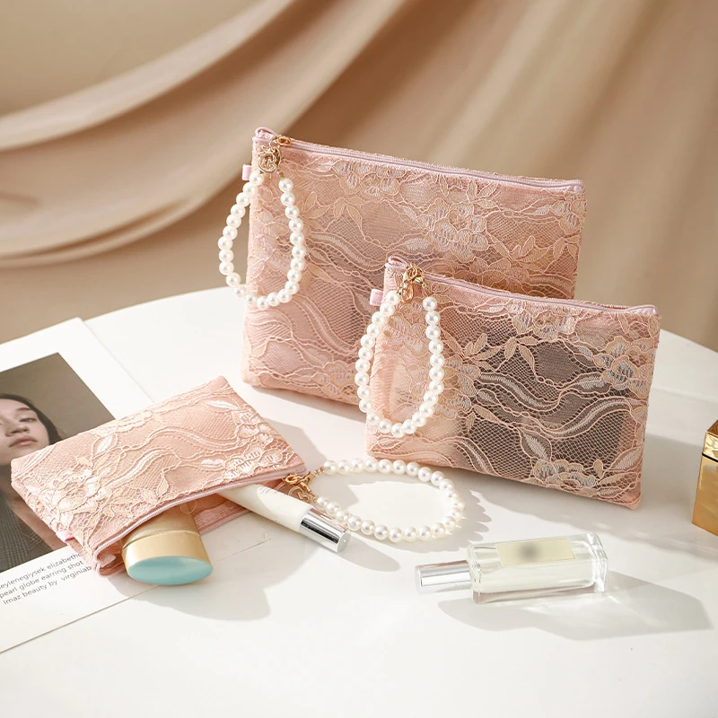 Sweet Lace Cosmetic Bag With Imitation Pearl Chain Portable Travel Toiletry Pouch Organizer For Women Makeup Keys Coin Purse