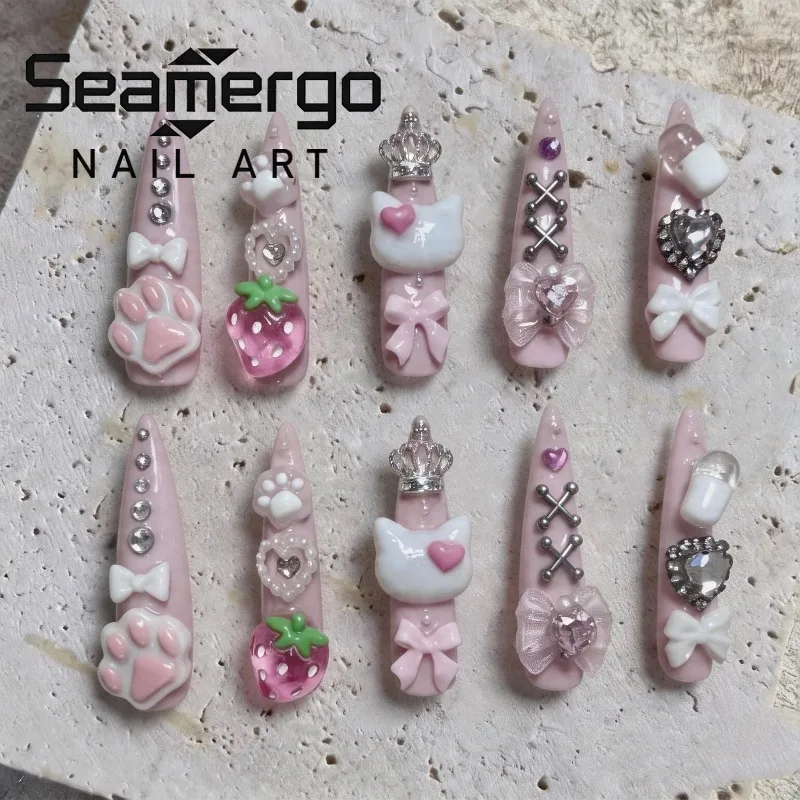10PCS Y2k Pink Stiletto Handmade Press on Nails Sweet Cool 3D Cat Paw Bow Strawberry Almond False Nails Rhinestone Acrylic Tips