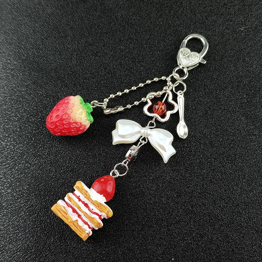 Sweet Cute Strawberry Cake Spoon Dessert Bowknot Hollow Flower Key Chains Mobile Phone Chain for Women Jewelry Accessory Gifts