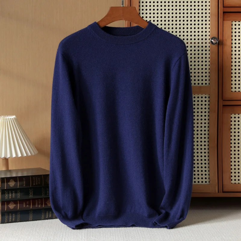 Men\'s 100% Pure Cashmere Knitted Sweater O-neck Long Sleeved Thick Black Pullover Winter And Autumn Warm High-end Versatile Top