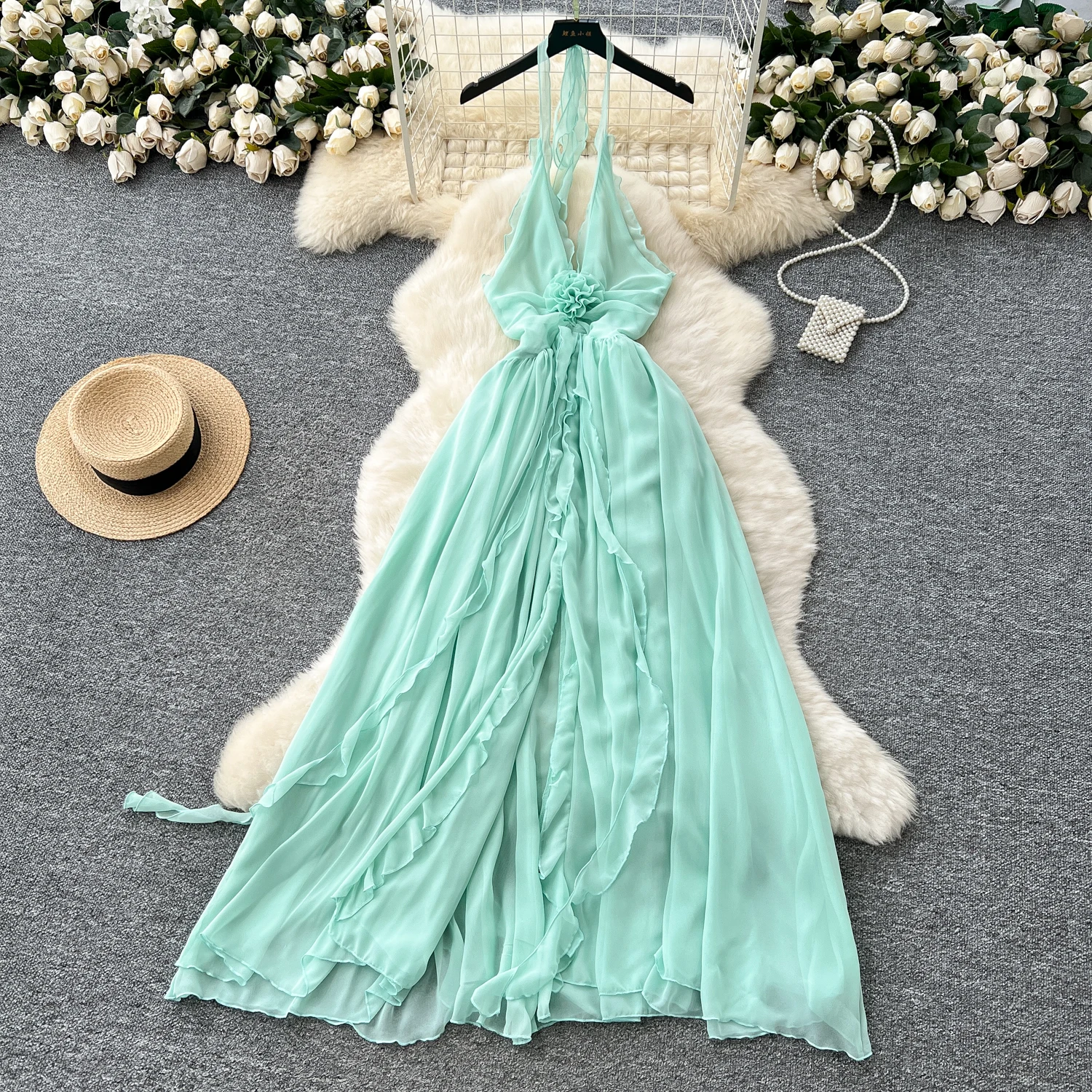

Retro asymmetrical V-neck loose Pleated Elegant A-line Beach Vacation Party Dress Women Summer Spring Vestidos