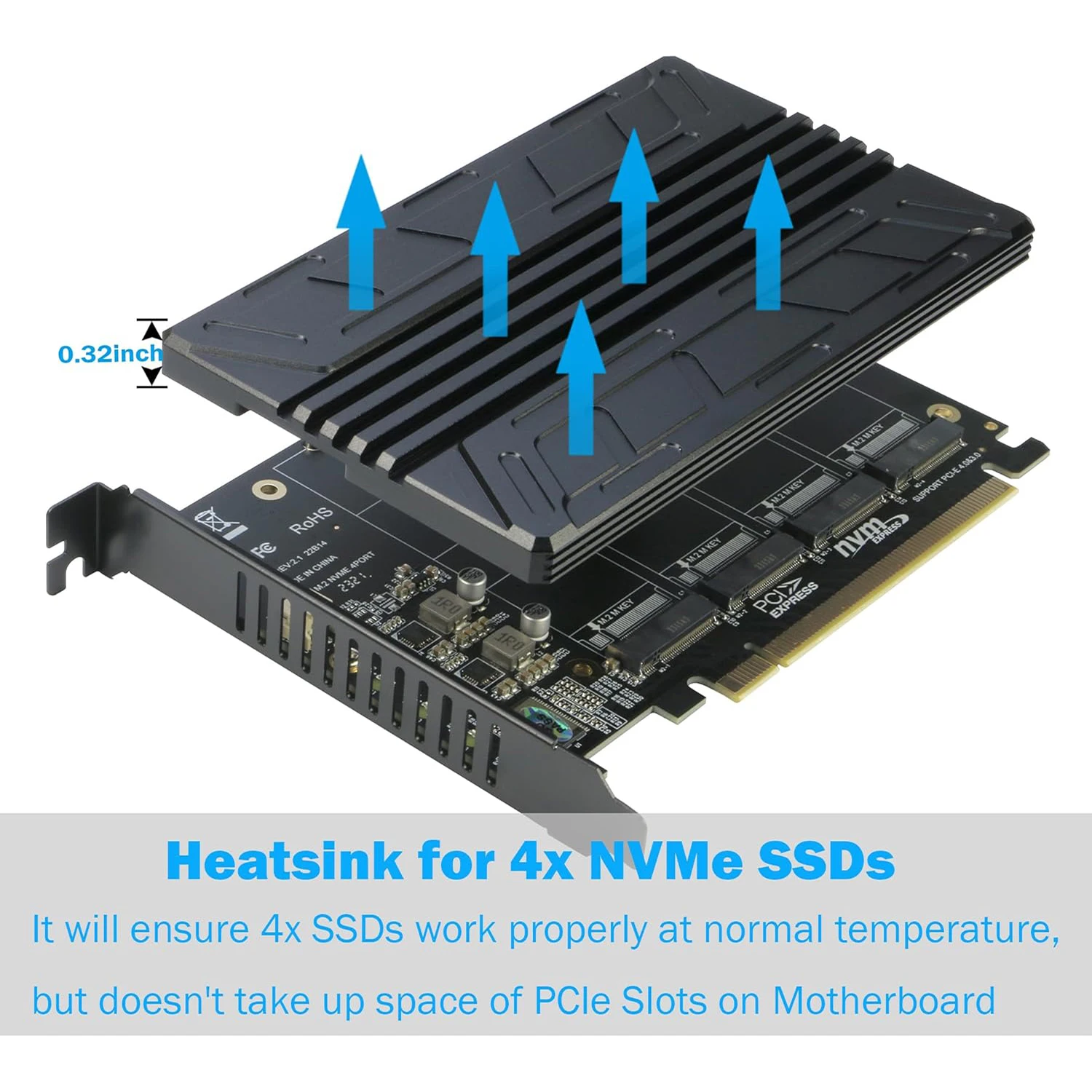 NVMe PCIe Adapter, RIITOP 4-Port NVMe to PCI-e 4.0/3.0 X16 Expand Controller Card with Heatsink for 2280/2260/2242/2230 M.2 SSD