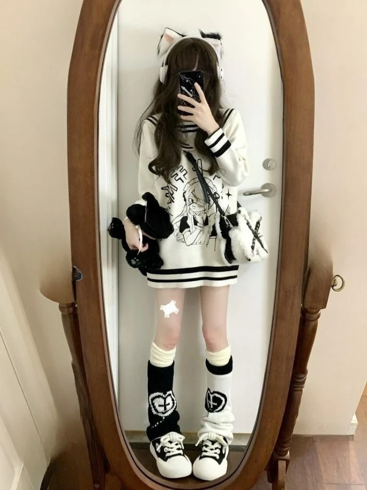 Stile Preppy Cartoon Jacquard Maglione lavorato a maglia Donna Causale Allentato Y2K Estetico Pullover Stile Preppy Colletto alla marinara Maglioni Top
