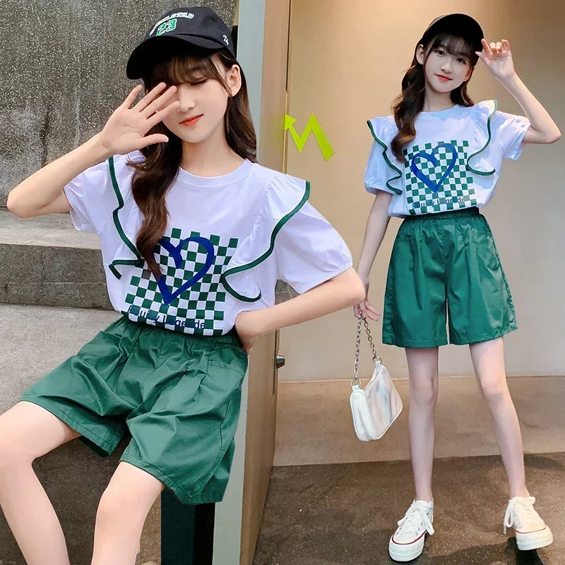 Summer Suit for Girls New Baby Short Sleeve T-shirt + Loose Shorts Two-piece Set Children Cute Clothing 4 6 8 10 12