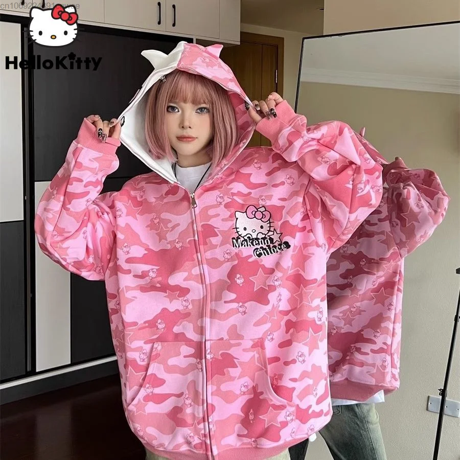 Sanrio Hello Kitty Fashion hoodie ritsleting wanita longgar baru INS Fashion Zip Up Camo mantel Gotik Punk Jepang Harajuku Sweatshirt