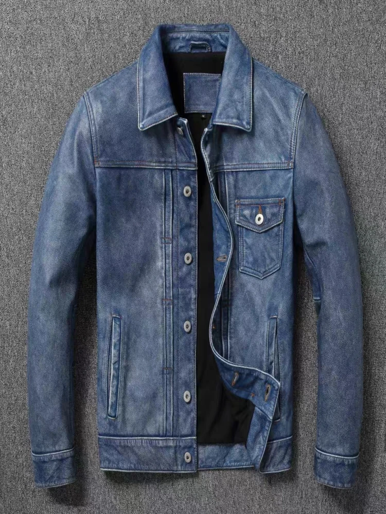 

American Casual Top Layer Cowhide Leather Jacket Denim Blue Retro Graphite Distressed Motorcycle Men's Short