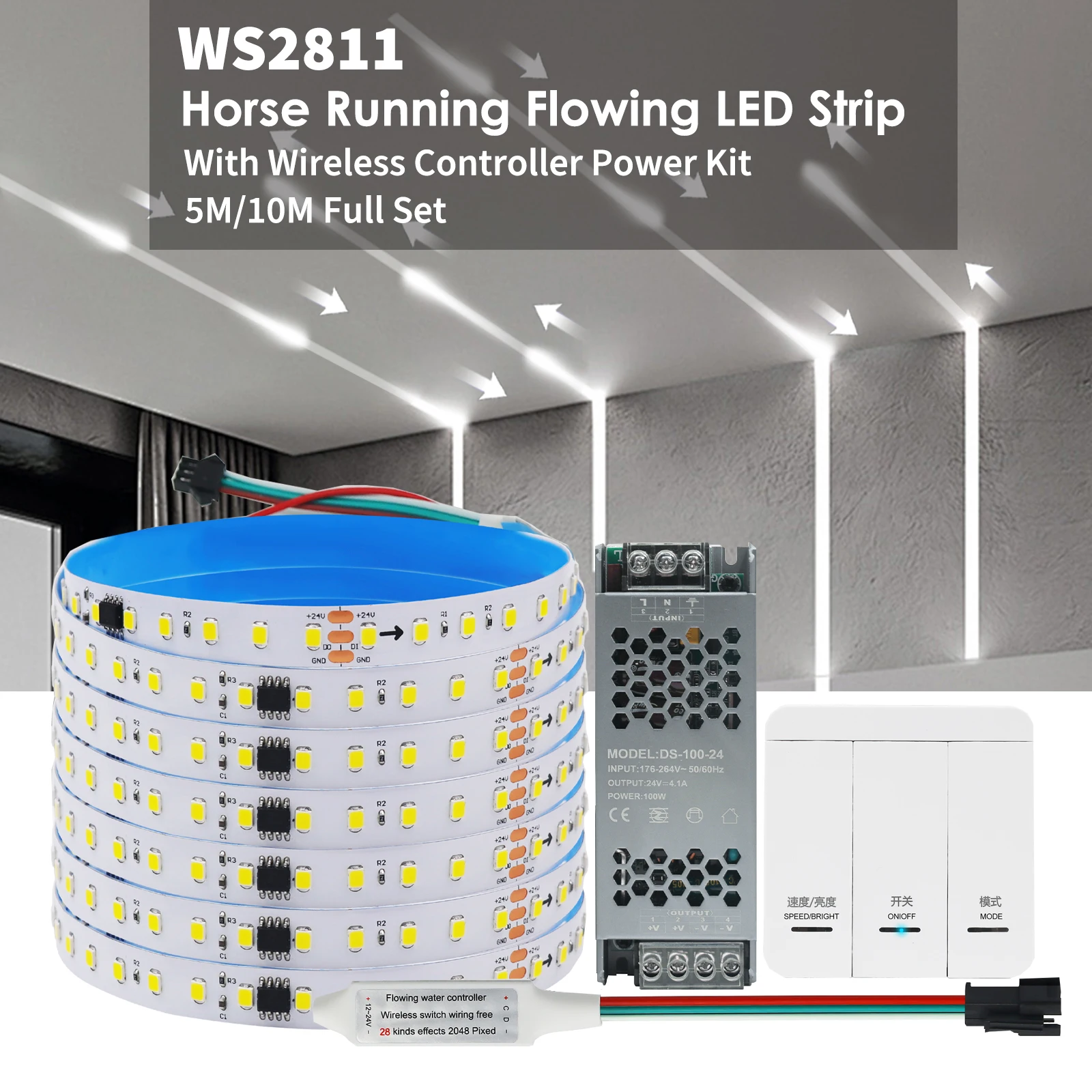 

WS2811 2835SMD DC 24V Running Water LED Strip Flowing Light Wireless Controller Flexible Ribbon Lamp 120Leds/M IP20 5M 10M Kit