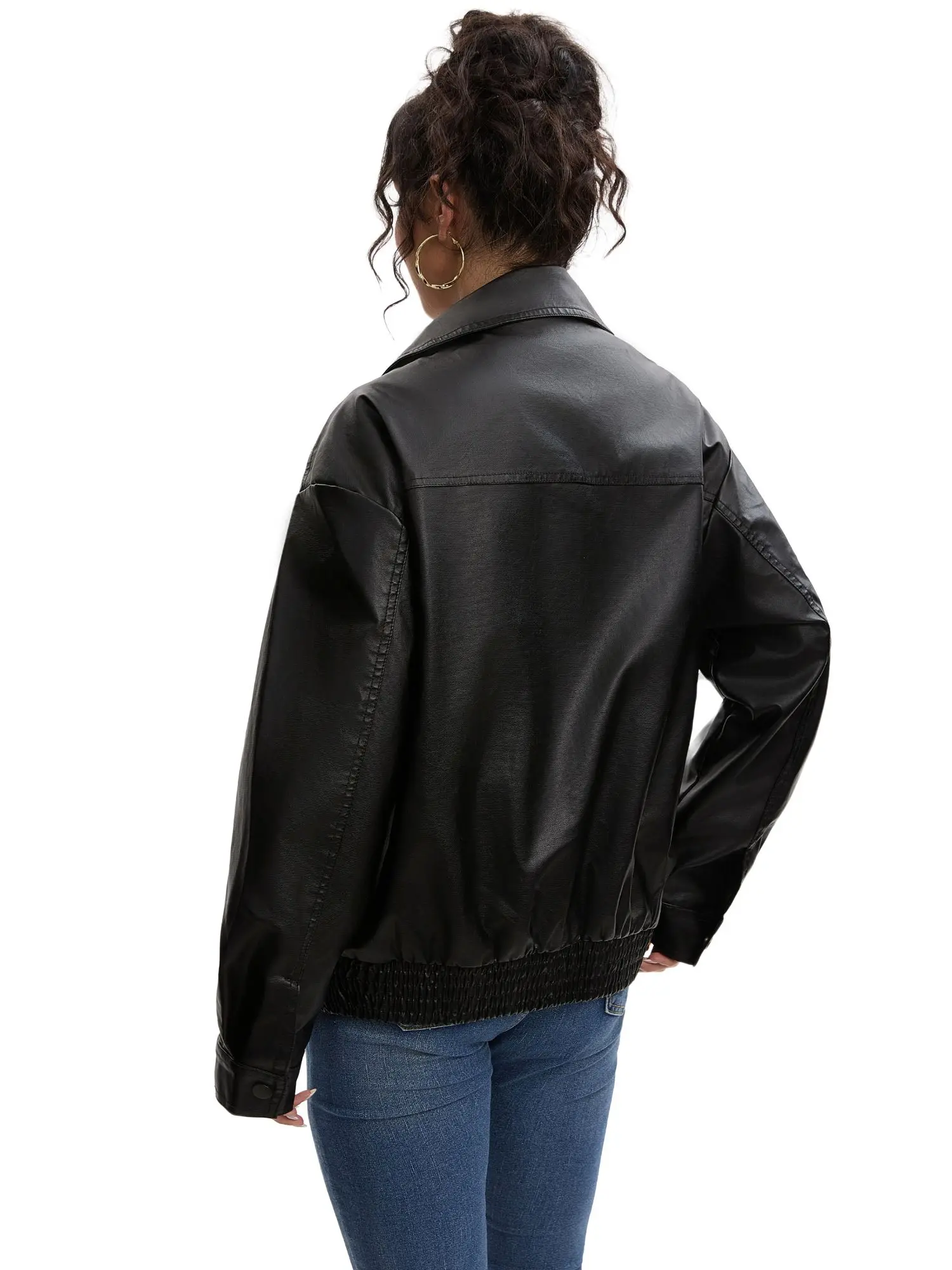 Ladies PU Leather Biker Jacket Spring Autumn Zipper Lapel Collar Fashionable Outerwear for Street Riding Motor Cycling Sports