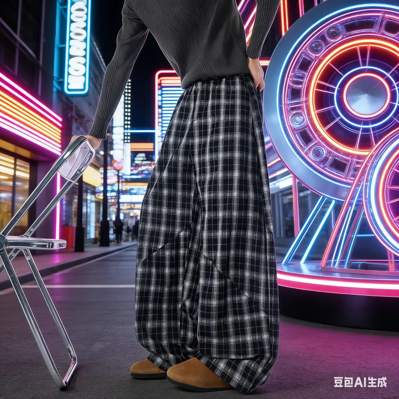 Fashionable high-end large-sized loose-fitting black and white checked casual pants for men, relaxed straight-leg pants with