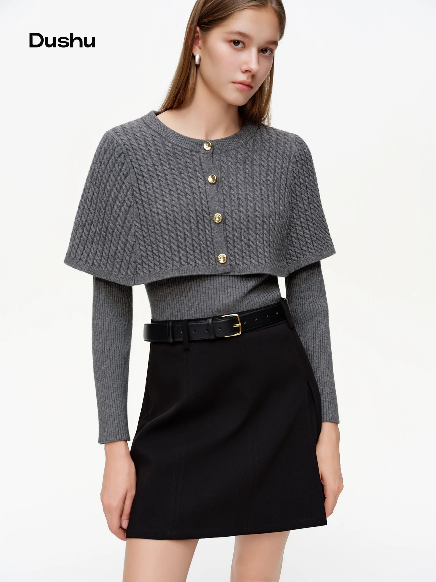 DUSHU Early Spring Women's Retro Cable Knit Detachable Cape Two-Piece Set - Versatile Layering Outfit Removable Shawl for Casual