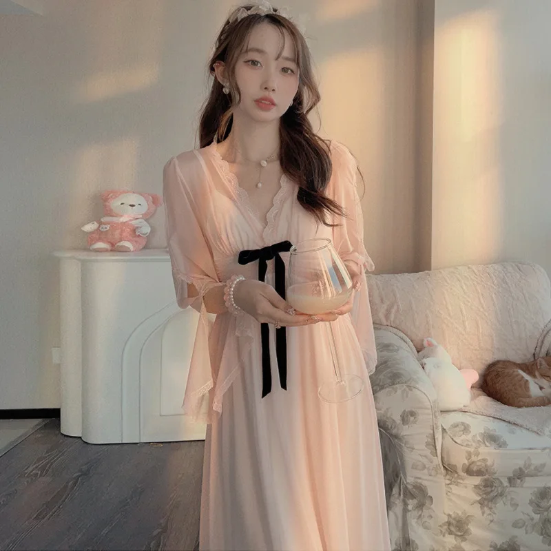 Female Long Nightgown Retro Palace Style Nightdress Sleepwear Spring Summer New Mesh Retro Palace Style Nightwear Home Dress