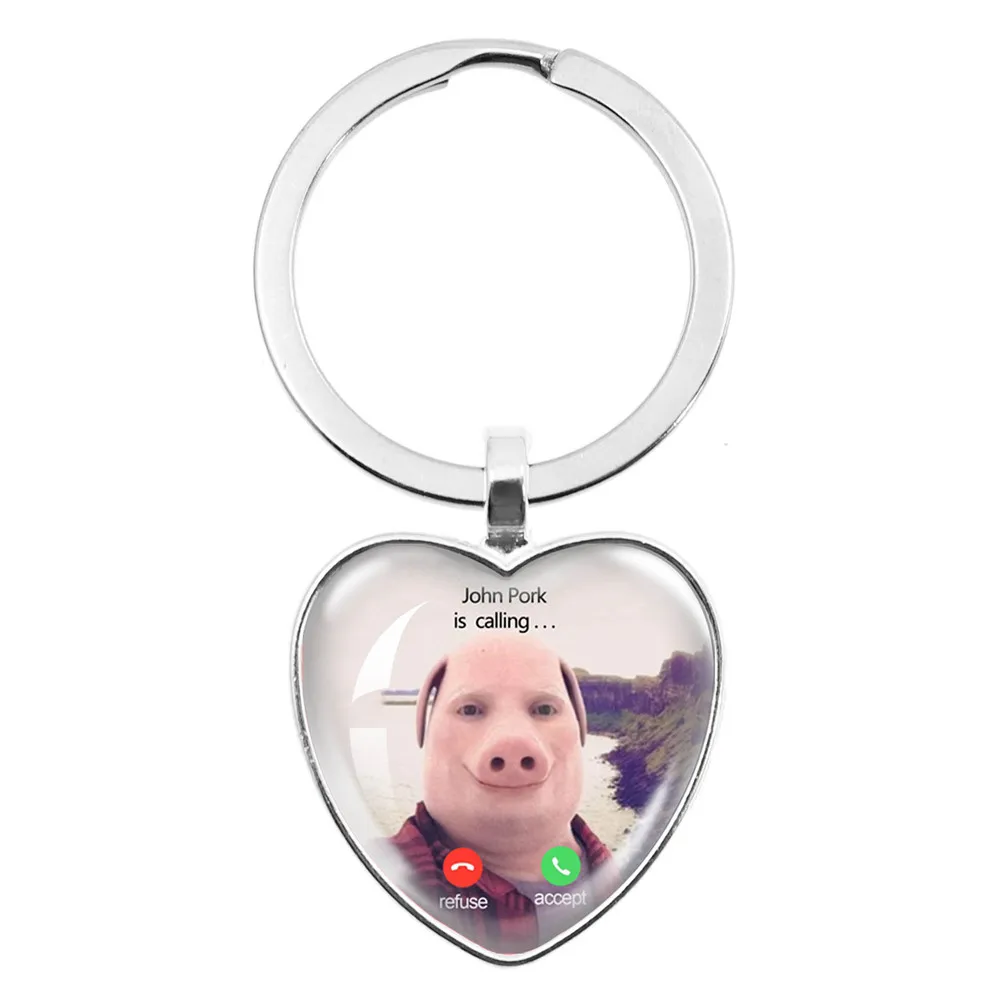 Charm Keychain John Pork is Calling Answer Call Phone Humor Funny Pig Lover Graphic Glass Heart-Shape Pendant Key Jewelry Gift