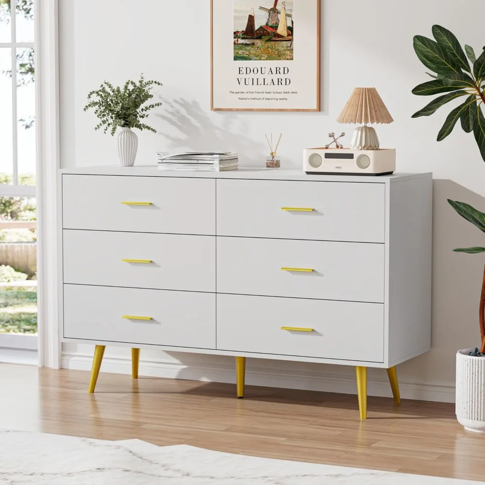 Cômoda branca CARPETNAL para quarto, cômoda com 6 gavetas com gavetas largas e puxadores de metal dourado, cômodas de madeira e cômoda de corredor