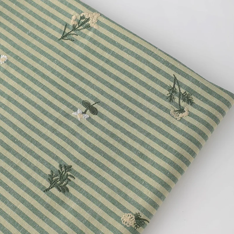 Cotton Fabric Embroidered Striped Cotton Linen Green Fabric Dress Shirt Clothing DIY Bag Fabric