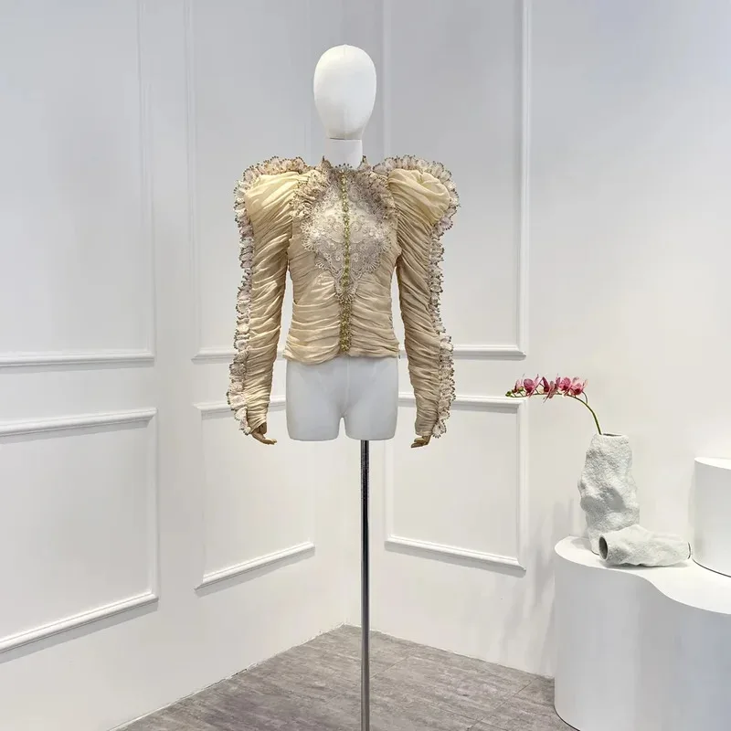 

Высококачественная кружевная лоскутная блузка с пышными рукавами, бежевая, темно-синяя блузка, топы, новинка 2025 года, мода