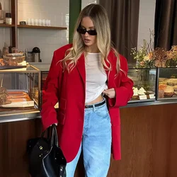 Red Suit 2024 Autumn New Temperament Shoulder Pad Loose Lapel Pocket Red Suit Jacket Пиджак Женский