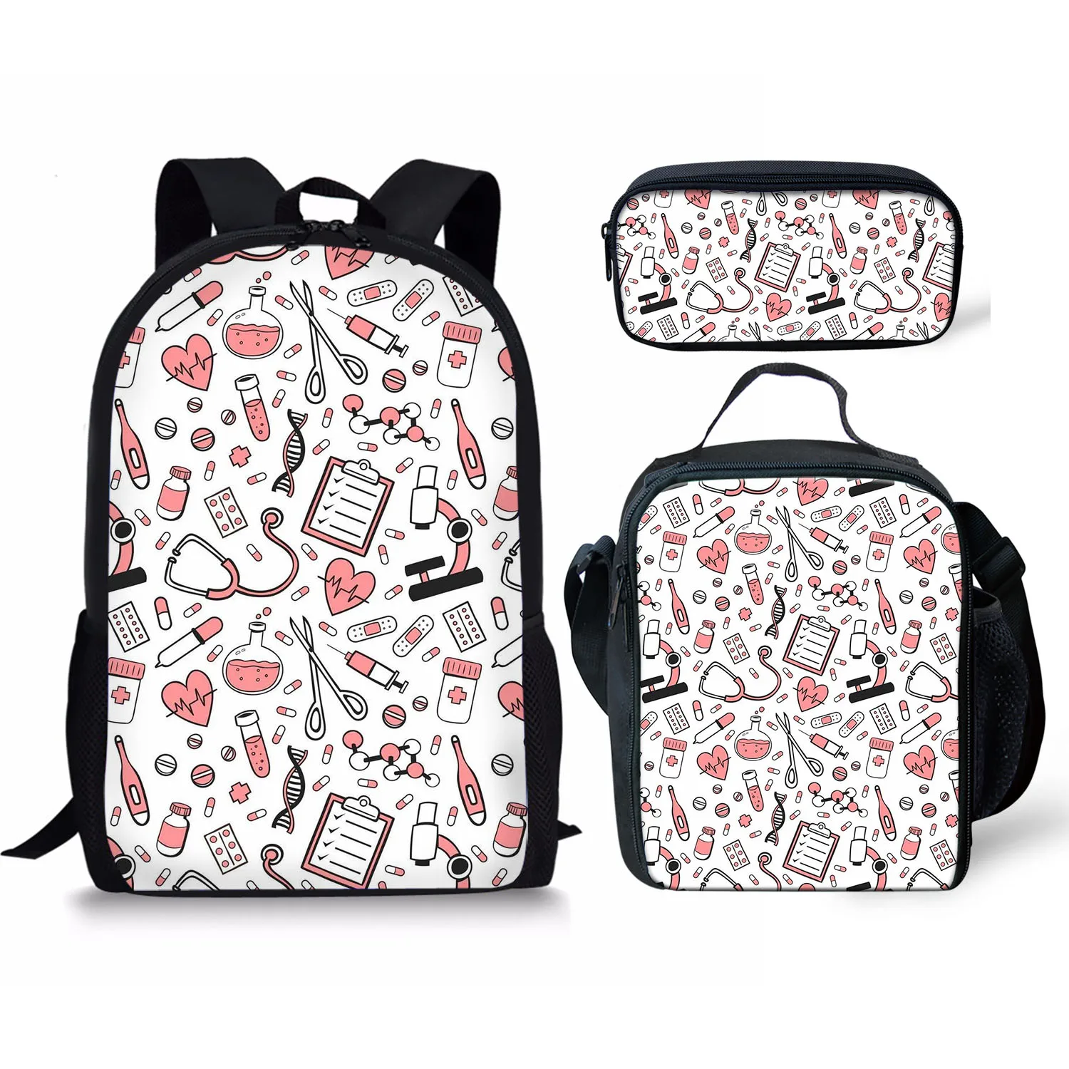 Student School Bag Set, Cartoon Medical Nurse Impresso Mochila para Meninos e Meninas, Lunch Bag, Lápis Bag, Adolescente Casual Mochila, 3Pcs