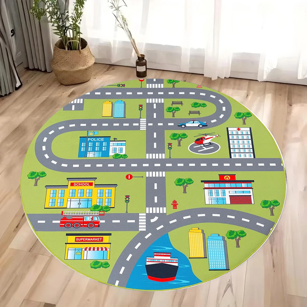 Traffic Road Kids Play Round Rug Educational Theme Children's Crawling Floormat Absorbent Soft Home Decor Carpet