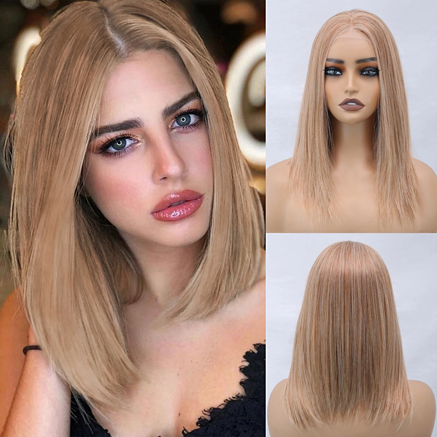 

Синтетический парик медово-золотистого цвета для женщин, 14 дюймов, короткий прямой, с фронтальной шнуровкой 13x4, стрижка боб с прямым срезом, для вечеринок и повседневного использования