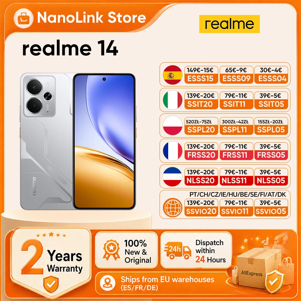 realme 14 Smartphone 5G Snapdragon 6 gen 4 Pantalla AMOLED de 6.67'' y 120Hz Batería Titan de 6000mAh 45W Cámara OIS de 50MP Versión EU