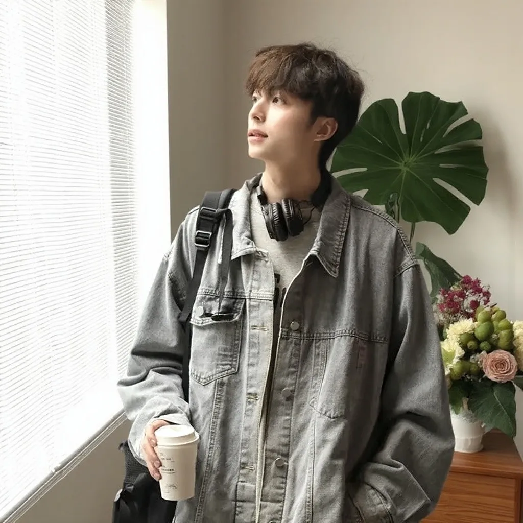 

Loose Casual Men's Denim Jaet Autumn New Sle Simple Retro Top Match All Chinese Production Long Sve Flip Collar Jaet