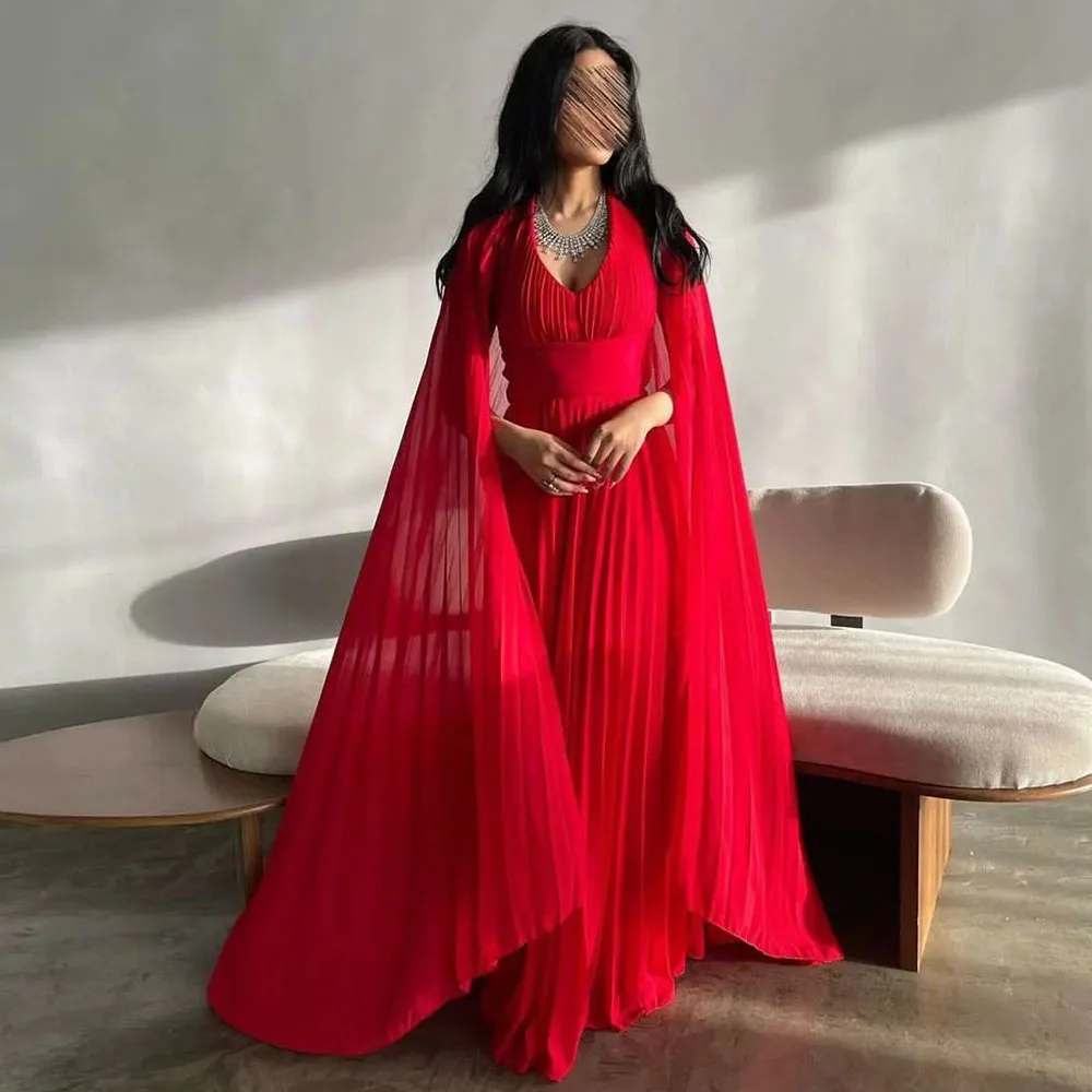 Red Prom Dresses With Cape 2024 V Neck Long Middle East Birthday Party Gown Saudi Arabic Evening Dresses