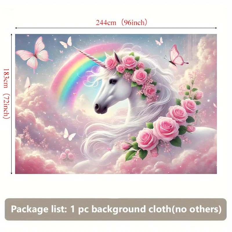 1 revestimiento de paredes de tela de poliéster con diseño de unicornio de ensueño bajo arcoíris, unicornio caprichoso con mariposas y flores, perfecto para