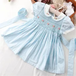 Summer handmade smocked dresses for girls vintage princess dress 2024 kids girl solid color smock vestido clothes party birthday