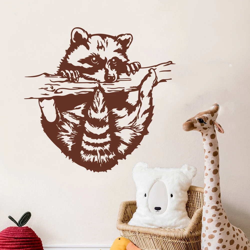 Cartoon Raccoon Wildcat Branch Wall Sticker Kids Room Playroom Jungle Animal Wall Decal Bedroom Vinyl Home Decor