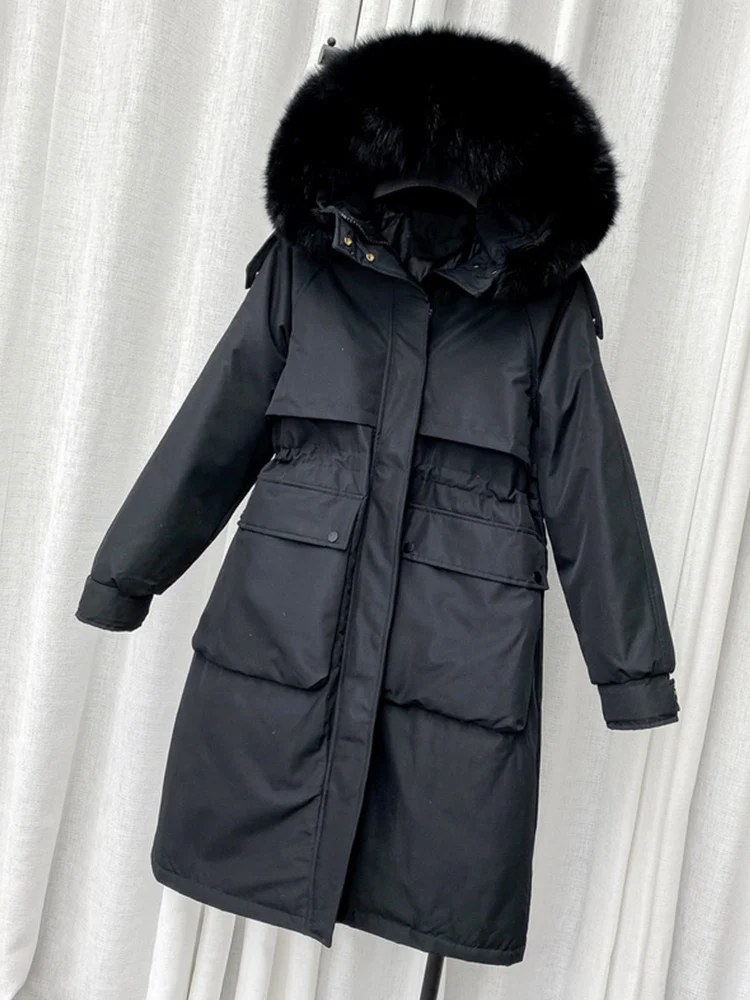 Fitaylor Winter Large Natural Fur Collar Hooded Feather Jacket Women Down Long Coat High Waist Warm Outwear Waist Retractable