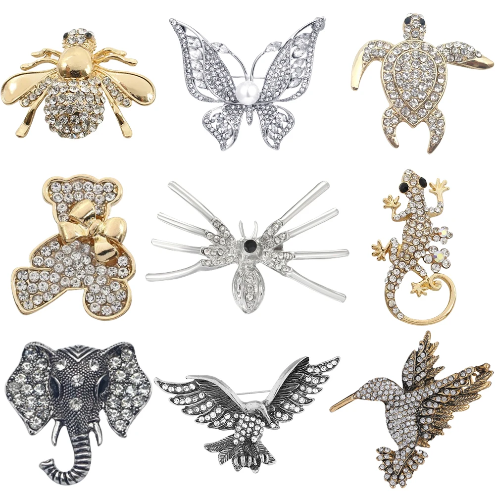 Rhinestone Butterfly Spider Brooches Jewelry for Women Bird Elephant Bear Animal Collar Pins Suit Accessories Christmas Gifts