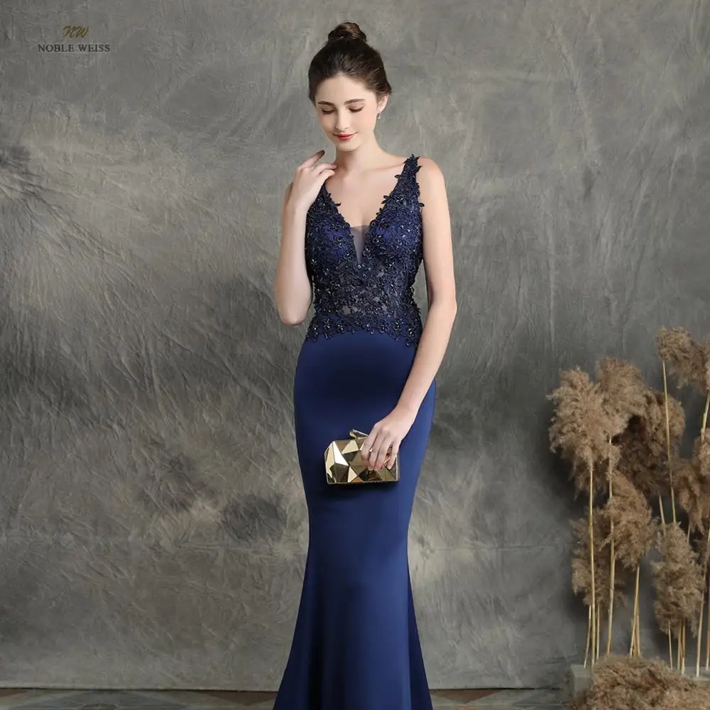 Quần Sịp Đùi Thông Hơi 2022 Đen Nàng Tiên Cá Thun Đầm Dự Tiệc Gợi Cảm Vestidos De Gala Cổ Chữ V Appliques Chiếu Trúc Hạt Hứa Bầu