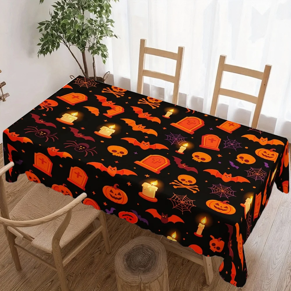 Halloween Rectangle Table Cloth Pumpkin Tombstone Spider Skull Candle Bat Table Cover for Party Picnic Halloween Table Decor