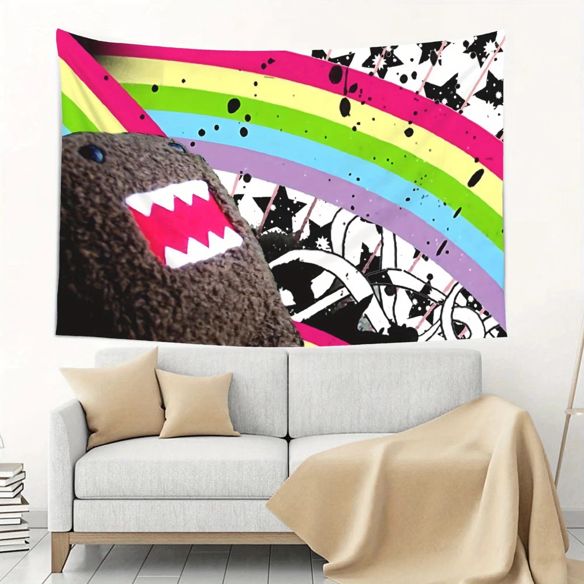 1PC Domo Kun Rainbow Tapestry Polyester 2D Print Graffiti Colorful Design Wall Decor Gift for Bedroom Living Room