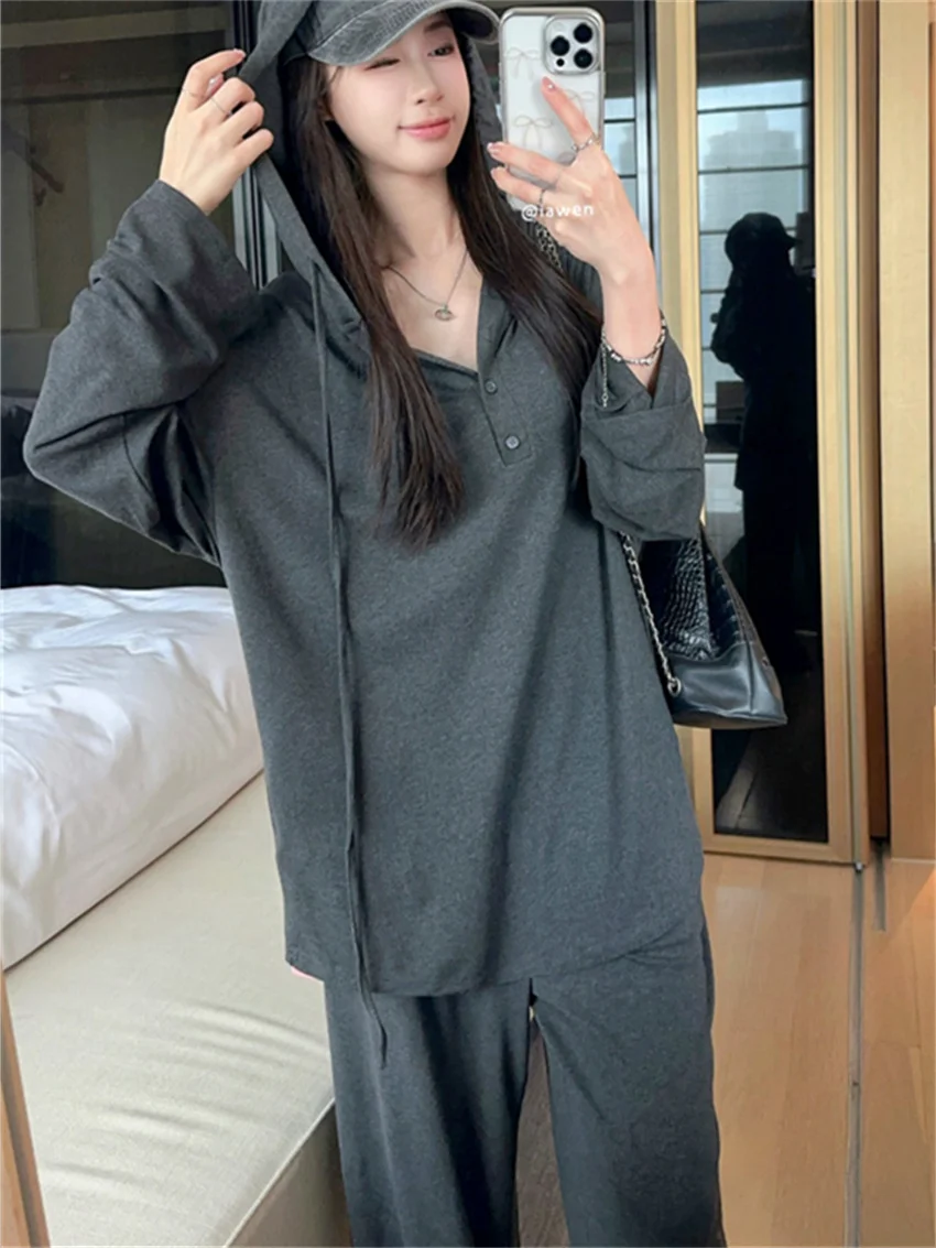 PLAMTEE 2024 Autumn Hooded Sweatshirts Loose Women Casual Chic Sets Office Lady Straight Pants High Street OL Wide Leg Suits